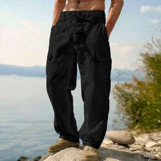 Men’s Breathable Linen Cargo Pants with Multi-Pockets