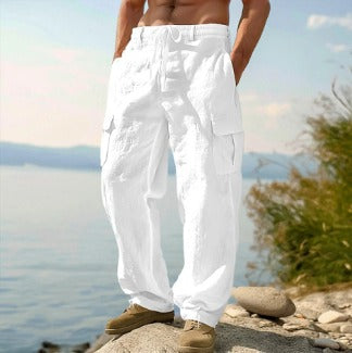 Men’s Breathable Linen Cargo Pants with Multi-Pockets
