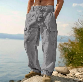 Men’s Breathable Linen Cargo Pants with Multi-Pockets