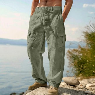 Men’s Breathable Linen Cargo Pants with Multi-Pockets