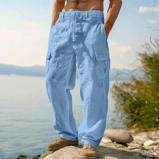 Men’s Breathable Linen Cargo Pants with Multi-Pockets