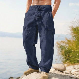 Men’s Breathable Linen Cargo Pants with Multi-Pockets