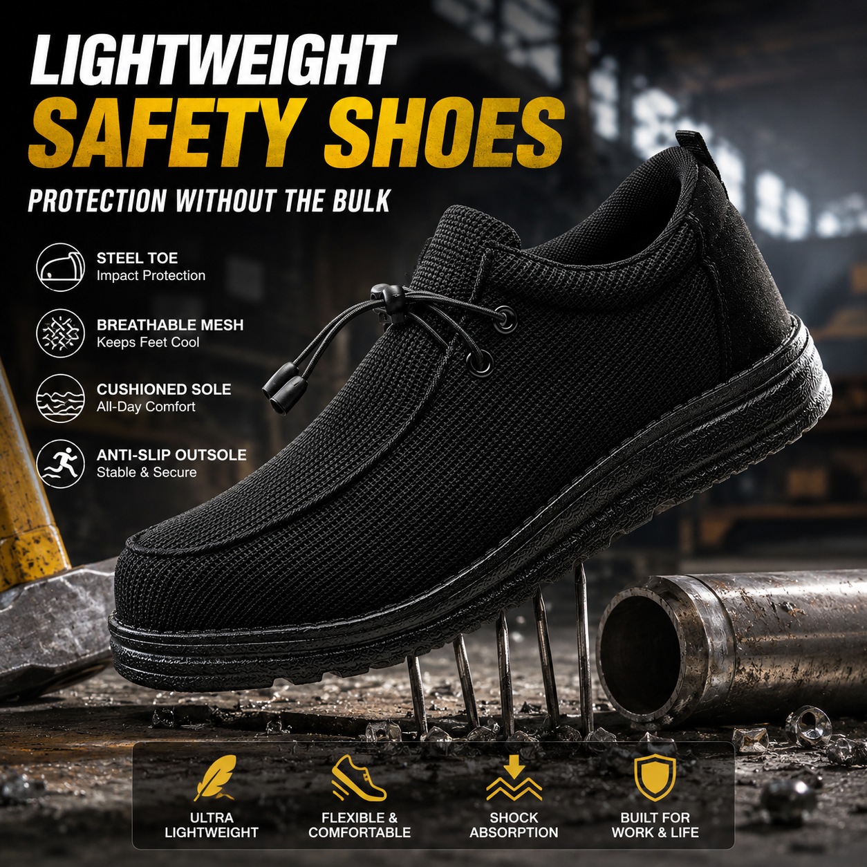 🥾 Lightweight Steel Toe Safety Loafers – Breathable Non-Slip Work Shoes
