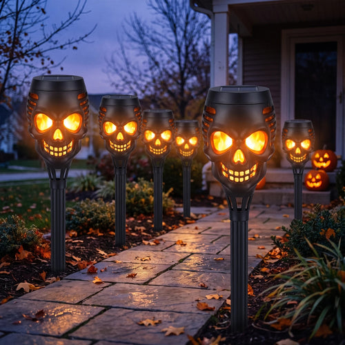 Plonksy™ Solar Skull Torches – Halloween Pathway Lights