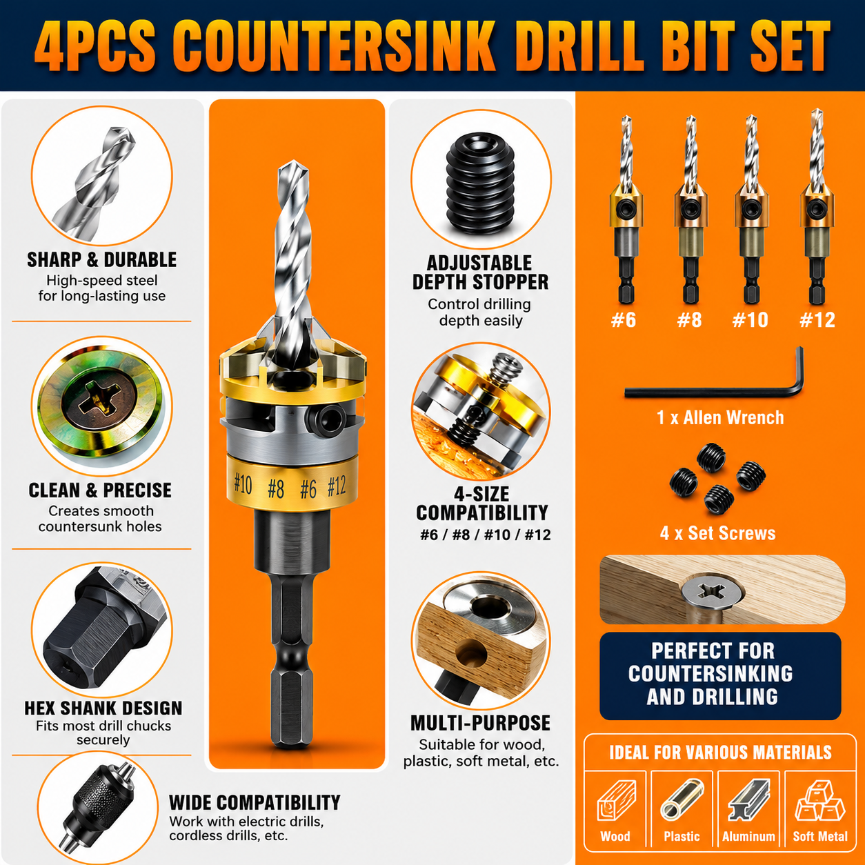 🔥Up to 49% OFF Adjustable Countersink Drill Bit Depth Stop Kit | 4-Flute Wood Drilling Bits