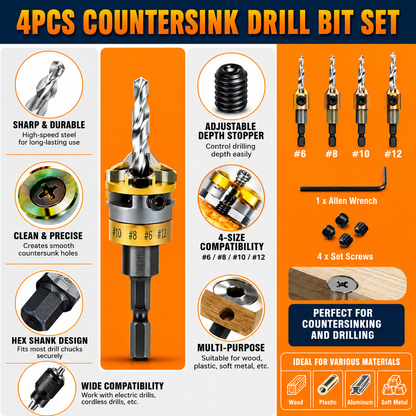 🔥Up to 49% OFF Adjustable Countersink Drill Bit Depth Stop Kit | 4-Flute Wood Drilling Bits