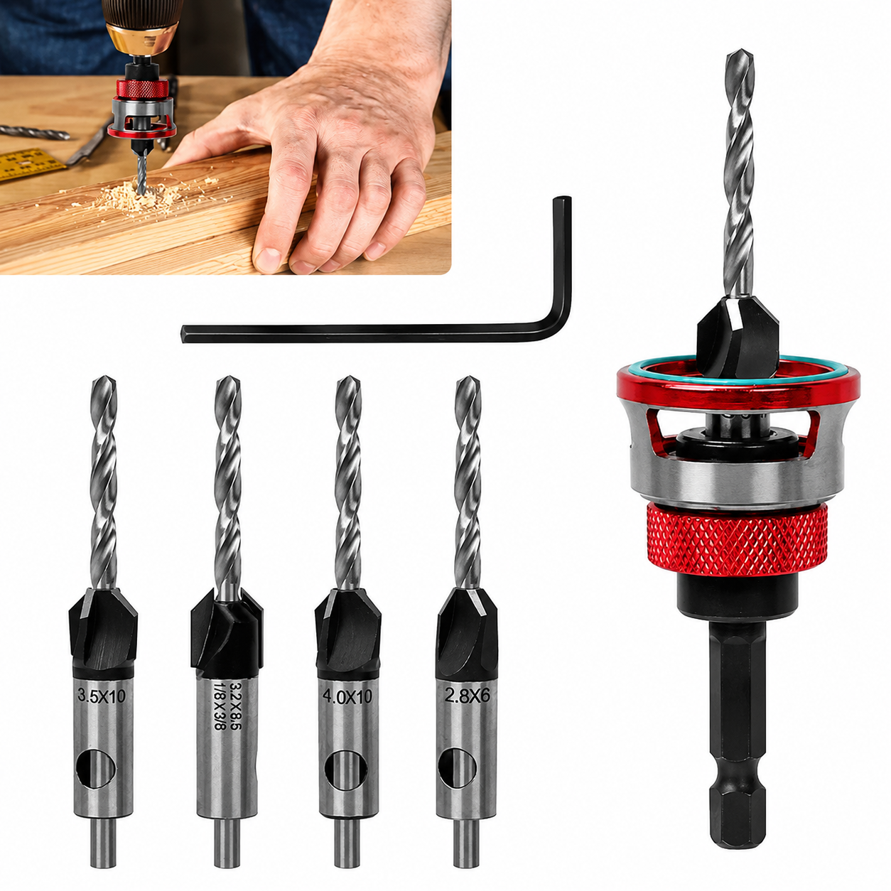 🔥Up to 49% OFF Adjustable Countersink Drill Bit Depth Stop Kit | 4-Flute Wood Drilling Bits
