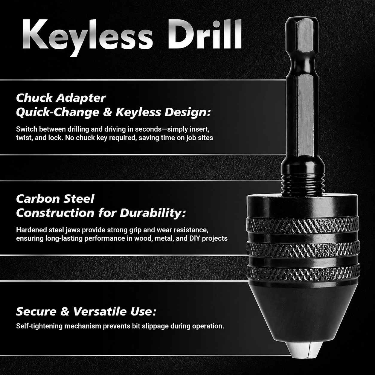 🔧 3-Piece Keyless Drill Chuck Adapter Set, 0.3-3.6mm and 0.6-8mm for Impact Drivers and Power Drills